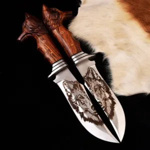 Wolf head handmade camping knife