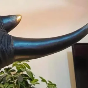 Rhino Crest Wall Mount Trophy Horn - Bold Geometric Black Gold Resin Rhinoceros Horn Sculpture Wall Art