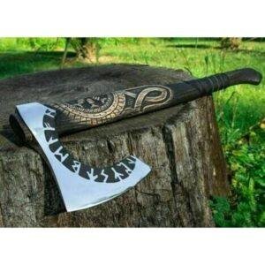 Viking Axe – 27″ Helm of Awe Carved Axe with Engraving, Medieval Tomahawk, Genuine Leather Sheath (SCA-11)
