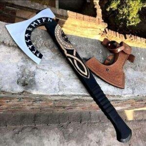 Viking Axe – 27″ Helm of Awe Carved Axe with Engraving, Medieval Tomahawk, Genuine Leather Sheath (SCA-11)