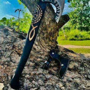 Viking Axe – 27″ Helm of Awe Carved Axe with Engraving, Medieval Tomahawk, Genuine Leather Sheath (SCA-11)