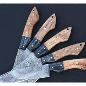 Handmade Damascus Steel Kitchen Knife Set | Premium Wooden Handle Chef Knives | Artisan Cutlery | Sharp Durable Blades | Gift for Cooks