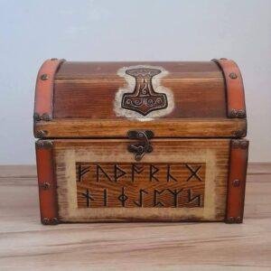 Viking Rune Wooden Treasure Chest | Thor’s Hammer Norse Storage Box
