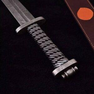 Hand-Forged Viking Sword | Damascus Steel Blade with Leather Scabbard