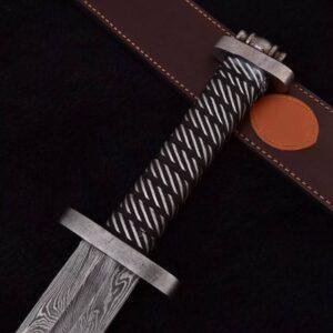 Hand-Forged Viking Sword | Damascus Steel Blade with Leather Scabbard
