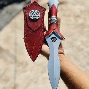 Hand Forged Red Valknut Dagger with Premium Leather Sheath