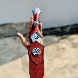 Hand Forged Red Valknut Dagger with Premium Leather Sheath